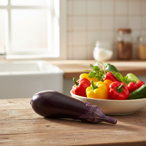 Prodotto Decorazione vegetale melanzane manichino alimentare 15 cm