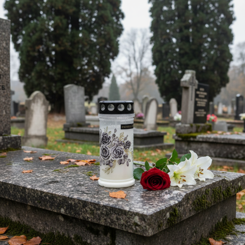 Prodotto Candele funerarie bianche con motivi floreali, Ø7,5 cm H16,5 cm, 6 pezzi