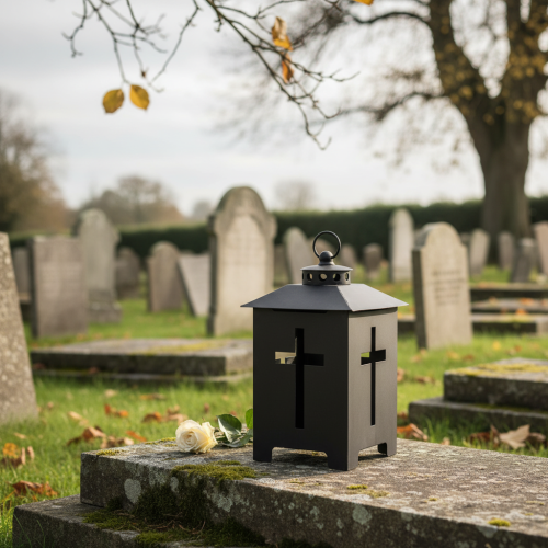 Prodotto Lanterna tombale croce finestra metallo grigio antico 13 x 27 cm