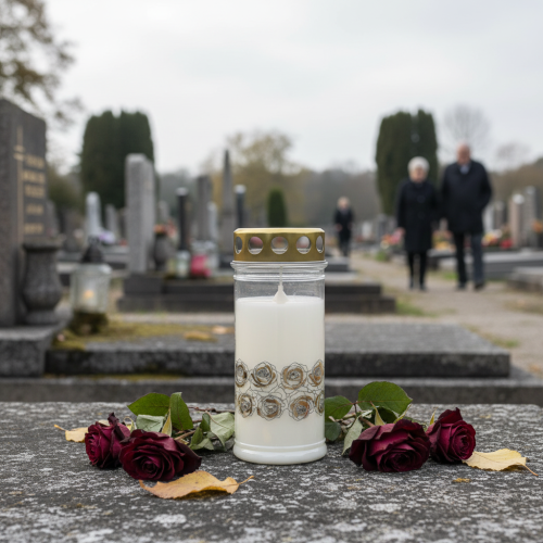 Prodotto Candela tombale rose bianche oro luce di lutto Ø7cm H18cm 77h