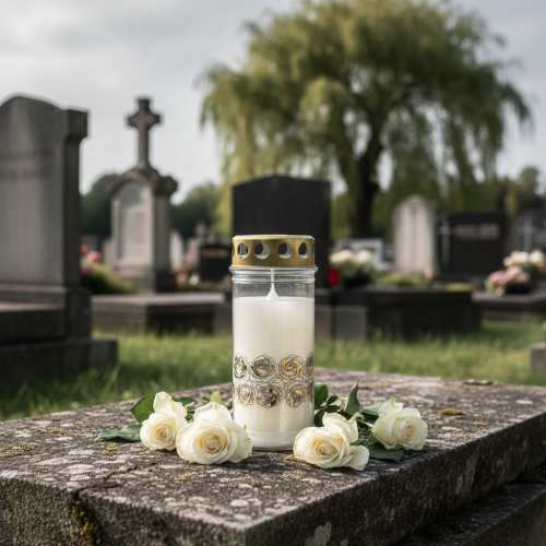 Prodotto Candela tombale rose bianche oro luce di lutto Ø7cm H18cm 77h