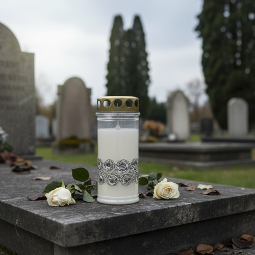 Prodotto Candela tombale rose bianche luce lutto argento Ø7cm H18cm 77h