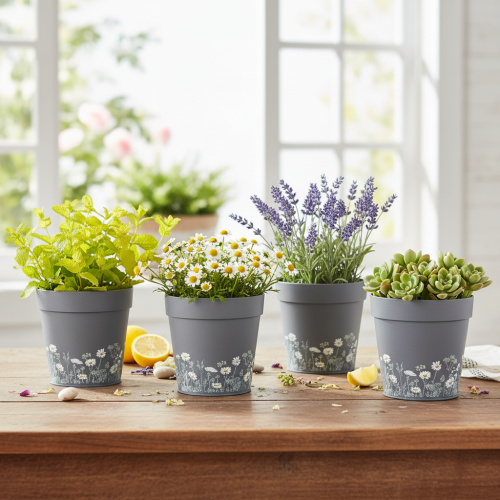 Prodotto Vaso da fiori con motivo floreale per la decorazione moderna della casa e del balcone estivo, 13 cm, 4 pezzi