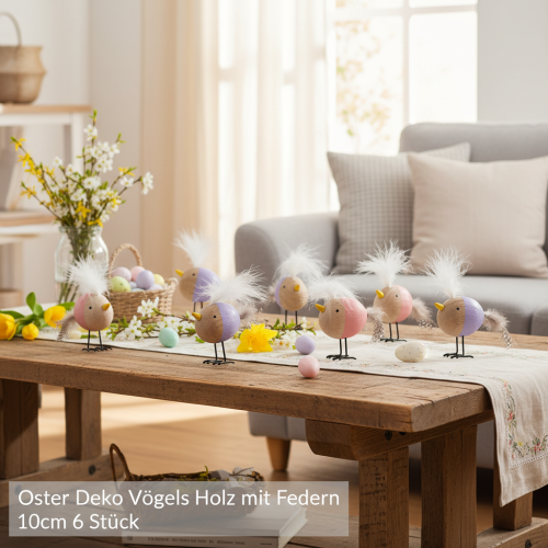 Prodotto Uccellino decorativo in legno con piume e corpo colorato per decorazione da tavola, 10 cm, 6 pezzi