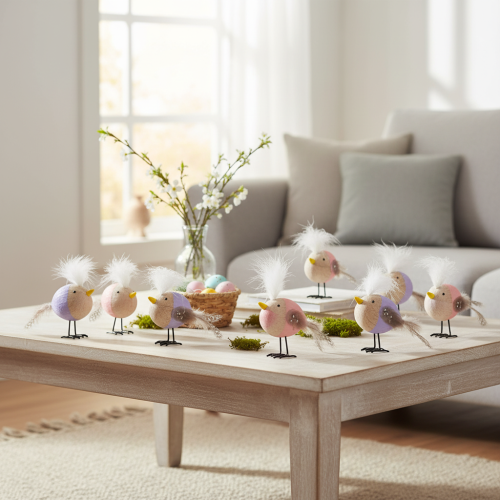 Prodotto Uccellino decorativo in legno con piume e corpo colorato per decorazione da tavola, 10 cm, 6 pezzi