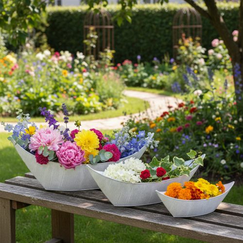 Prodotto Vaso per piante a forma di barca, in metallo, bianco/argento, 54,5/48/42 cm, set da 3