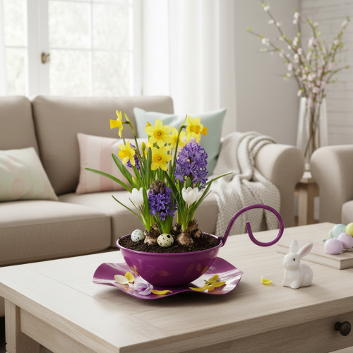 Prodotto Tazza da tè decorativa in metallo con piattino, viola, Ø11,5 cm, H8 cm, 2 pezzi