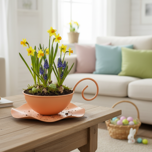 Prodotto Tazza decorativa in metallo, arancione, Ø11,5 cm, H6 cm, con piattino, 2 pezzi