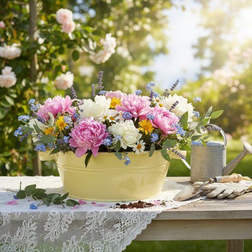 Prodotto Ciotola decorativa in metallo, verde-gialla, a forma di fiore con manico, Ø33,5 cm