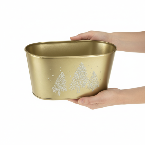 Prodotto Ciotola ovale decorativa a forma di albero di Natale, vaso per piante, colore oro, 24×13×12,5 cm