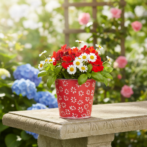 Prodotto Mini vaso da fiori rosso e bianco, con decorazione floreale, in metallo, Ø10,5 cm H10,5 cm