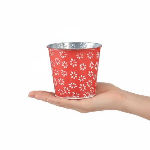 Prodotto Mini vaso da fiori rosso e bianco, con decorazione floreale, in metallo, Ø10,5 cm H10,5 cm