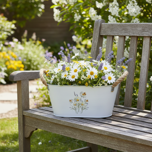 Prodotto Ciotola ovale decorativa in metallo, bianca con decorazioni floreali naturali, lunghezza 26 cm