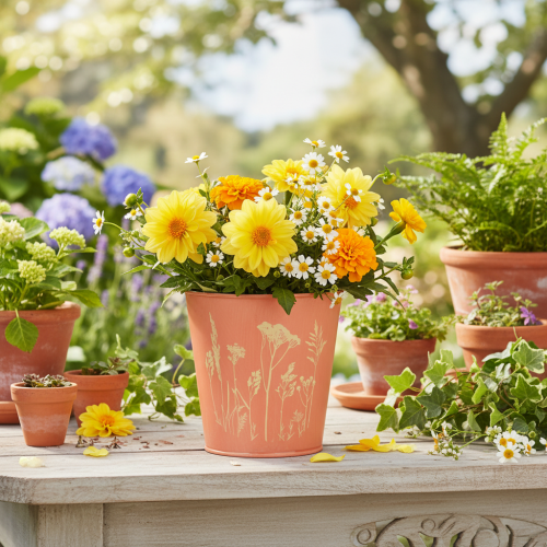 Prodotto Vaso da fiori con decorazione floreale, giallo albicocca, Ø10,5cm H10,5cm