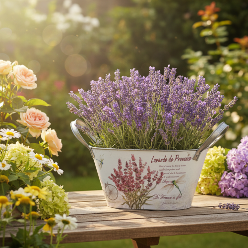 Prodotto Vaso ovale in metallo con manici, colore lavanda, 32×15×15 cm