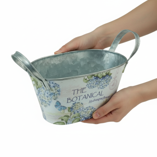 Prodotto Vaso ovale in metallo con manici, per ortensie, 32×15×15 cm
