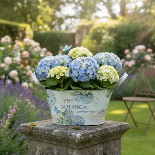 Prodotto Vaso da fiori con manici, decorazione a ortensia, in metallo, 26×13×14,5 cm