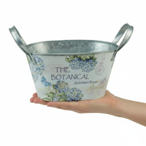 Prodotto Vaso da fiori con manici, decorazione a ortensia, in metallo, 26×13×14,5 cm