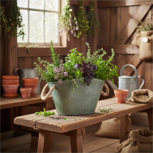 Prodotto Vaso da fiori con manici, sacchetto, metallo, iuta, 24,5×17×15,5 cm