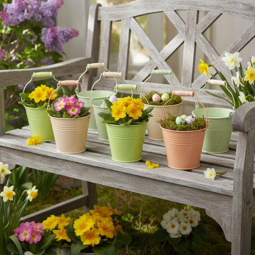 Prodotto Secchiello con manico, vaso di primule, metallo, colore pastello, 11,5×8,5 cm, 8 pezzi
