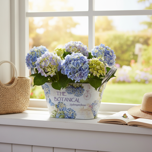 Prodotto Vaso da fiori con manici, decorazione a ortensia, in metallo, 26×13×14,5 cm