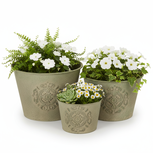 Prodotto Vaso da fiori in metallo, verde, stile vintage, Ø22cm–13.5cm, set da 3