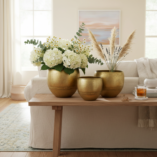 Prodotto Set di 3 vasi decorativi in metallo effetto ottone, Ø18/15/12,5 cm.