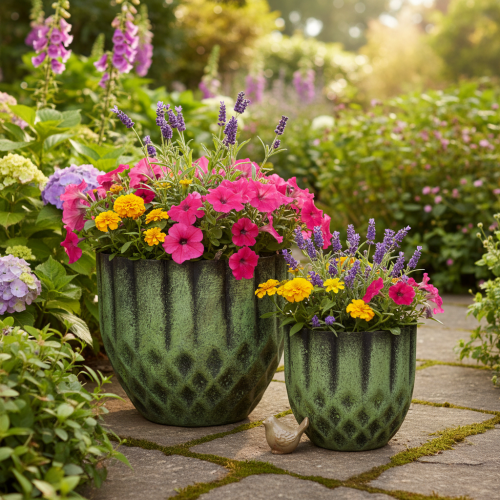 Prodotto Vaso da fiori vintage in metallo, verde, Ø14/12 cm, set da 2