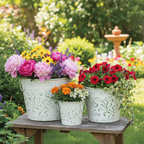 Vasi in metallo con manici, fioriere con decorazioni in rilievo, bianco, verde, shabby chic, H20.5/18.5/16cm, Ø25.5/20.5/15.5cm, set da 3 | Floristik24.it
