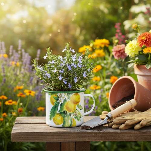 Prodotto Vaso per piante in smalto, vaso decorativo con ramo di limone, fioriera in stile mediterraneo Ø9,5cm H10cm