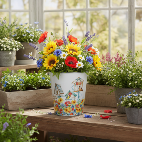 Vaso in metallo decorato, fioriera con casette per uccelli, secchiello in latta H13cm Ø11.5cm | Floristik24.it
