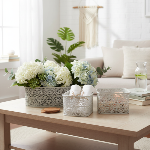 Prodotto Ciotole in metallo con motivo a pizzo, contenitore decorativo, quadrate, shabby chic, bianche, 27/23/19 cm, H13,5 cm, set da 3