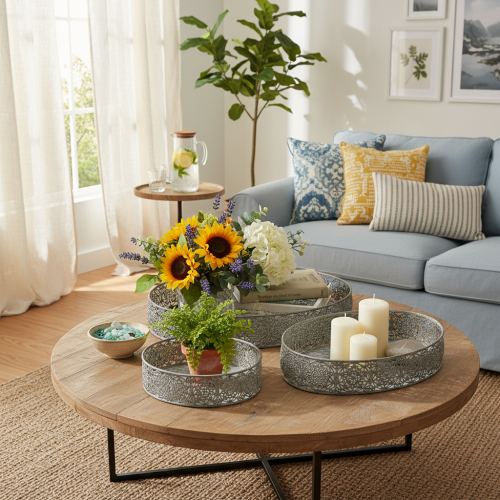 Prodotto Set di 3 ciotole decorative ovali in metallo, colore grigio, dimensioni 25,5/29/34,5 cm.