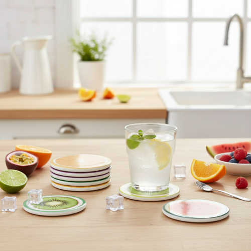 Prodotto Set di sottobicchieri di frutta, design di frutta, decorazione da tavola, cucina e soggiorno, 10 cm, 6 pezzi