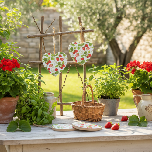 Prodotto Cuore decorativo con motivo a fragola – Ciondolo estivo in legno per arredamento in stile country, 10 cm x 10 cm, 4 pezzi