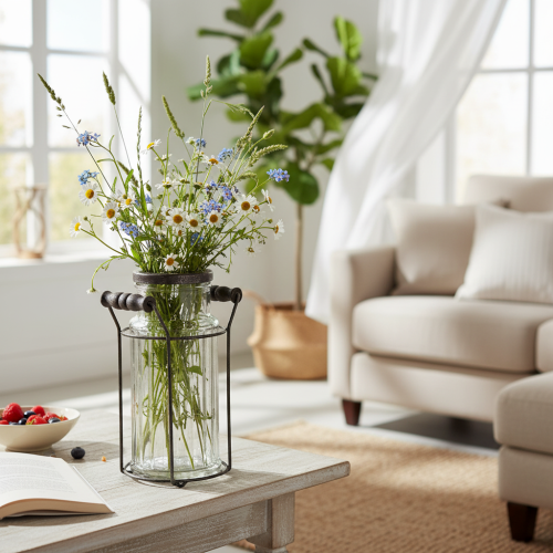 Prodotto Bottiglia di vetro in un cestino di metallo, ideale come elemento decorativo per il soggiorno, 20 cm