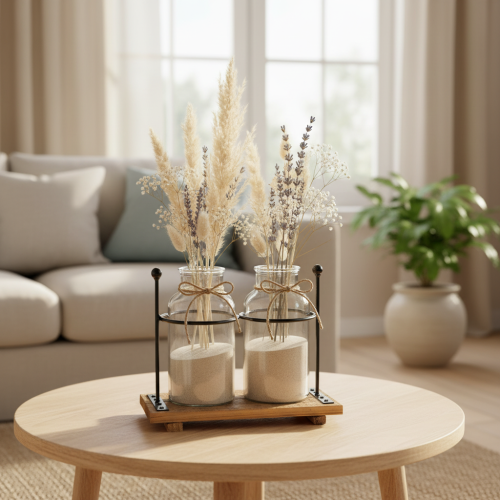 Vaso decorativo a forma di bottiglia, in vetro e legno, 23x12x19,5 cm, 2 pezzi | Floristik24.it
