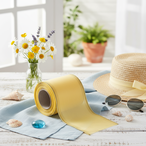 Prodotto Nastro decorativo moiré giallo con bordo dorato, larghezza 100 mm, lunghezza 25 m, ideale per composizioni floreali e decorazioni.