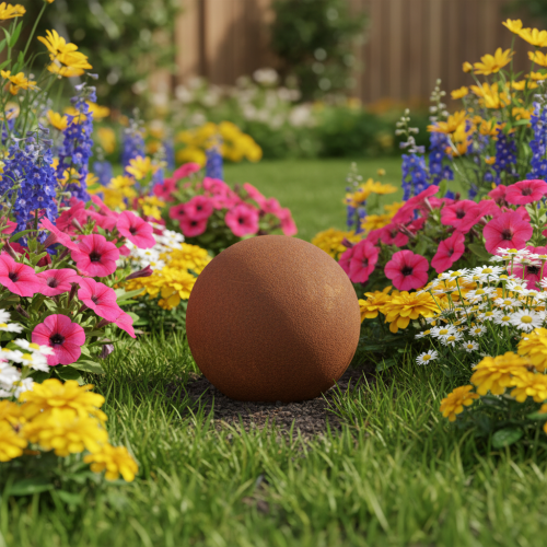 Prodotto Sfera decorativa color ruggine, ideale per un giardino rustico, 14 cm, 2 pezzi.