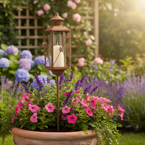 Prodotto Lanterna da giardino, decorazione in metallo, effetto ruggine, 12 cm x 12 cm x 135 cm