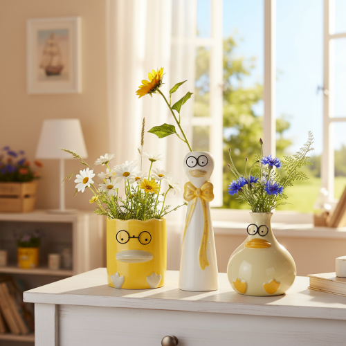 Prodotto Set 3 Figure in Ceramica Anatre con Occhiali, 25 cm, Giallo e Bianco
