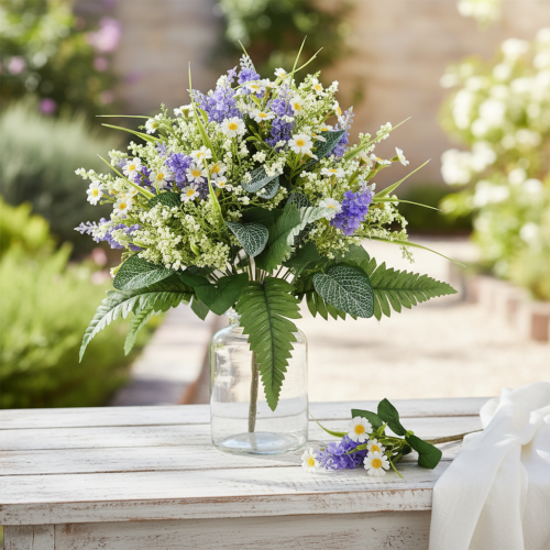 Bouquet decorativo di fiori artificiali, margherite e lillà, ingannevolmente realistico, 40 cm, decorazione da tavolo, decorazione della stanza | Floristik24.it