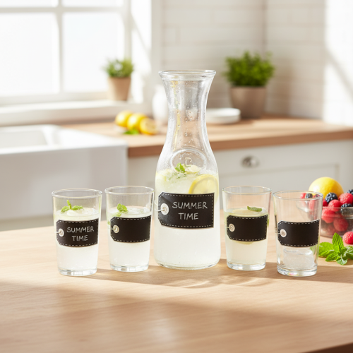 Caraffa in vetro alta 27 cm con 4 bicchieri alti 11 cm | Floristik24.it