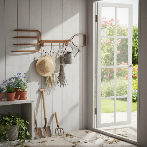 Prodotto Binario portaganci in metallo arrugginito, forcone decorativo per fieno, decorazione da giardino, 4 ganci, 62 cm