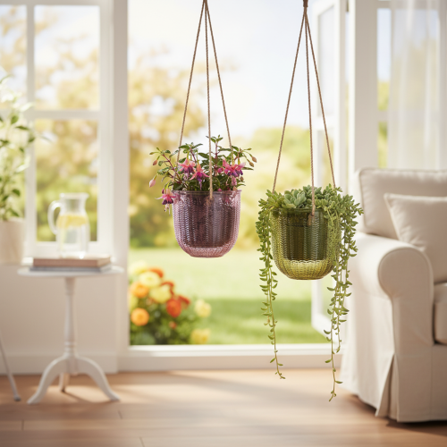 Vaso da fiori/lanterna sospesa in vetro, viola/verde, 14 cm, 2 pezzi | Floristik24.it