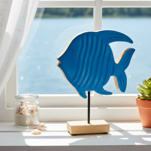 Statuina di pesce in legno, decorazione marittima, decorazione da tavolo fatta a mano per soggiorno, 22 cm | Floristik24.it
