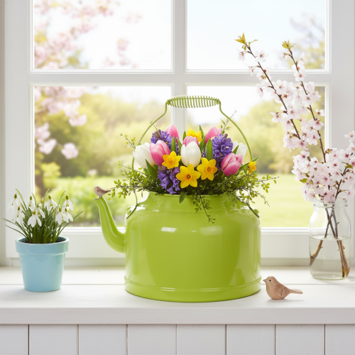 Teiera decorativa in metallo, verde mela - vaso da fiori - Ø20cm H15cm - versatile decorazione da giardino e idea regalo | Floristik24.it