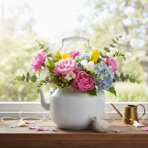 Teiera decorativa in metallo dall'aspetto vintage, ideale per composizioni floreali. | Floristik24.it