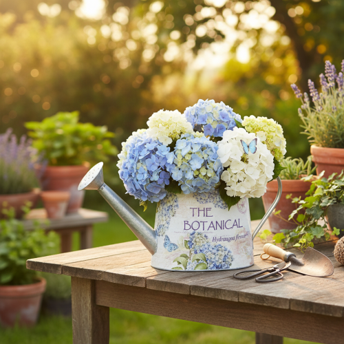 Annaffiatoio decorativo con ortensie in metallo, stile vintage, dimensioni 30x11x14,5 cm. | Floristik24.it