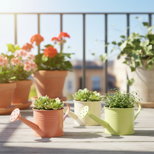 Set di 8 annaffiatoi decorativi nei colori pastello salmone, verde e giallo-verde - fioriera in metallo Ø11cm H10cm. | Floristik24.it